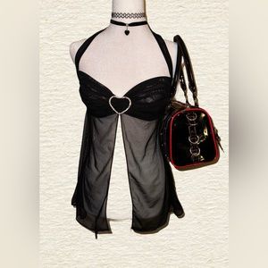 Morgan de Toi mesh halter top with rhinestone heart detail